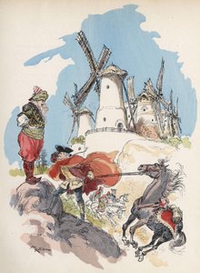 Le Baron de Münchhausen vient de traverser la frontière égyptienne et est pris dans une tempête provoquée par une grande figure pour faire tourner les 7 moulins. Illustration par Albert Robida - dans "Histoire et Aventures du Baron de Münchhausen", H. Laur - Albert Robida