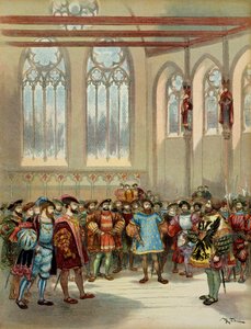 Le héraut de Bourgogne, envoyé par Charles V (1500-1558), reçu par François I (1494-1547) dans la grande salle du Parlement à Paris, première moitié du XVIe siècle. Illustration - Albert Robida