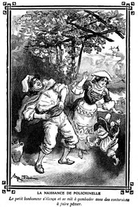 La naissance de Polichinelle. Dessin par Albert Robida (1848-1926) dans un livre de lectures pour enfants 1920-1930 - Albert Robida