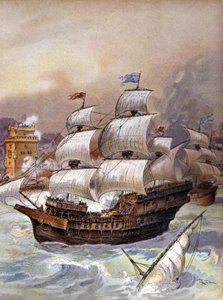 La flotte de Jean Ango bloque le Tage et menace Lisbonne, c.1909 (illustration) - Albert Robida