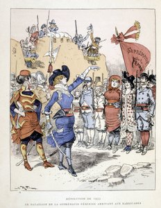 La révolution de 1953 : le bataillon de la suprématie féminine arrivant aux barricades - dans "Le 20e siècle" par Robida - Albert Robida