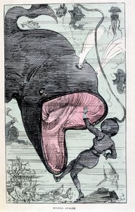 Femme dans un scaphandre avalée par une baleine, parodie de Jules Verne, "Voyages très extraordinaires de Saturnin Farandoul dans 5 ou 6 parties du monde et dans tous les pays connus ou inconnus de M. Jules Verne" par Robida, Paris - Albert Robida