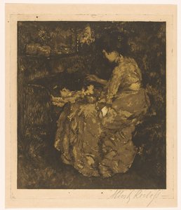 Femme nourrissant un enfant dans un berceau - Albert Roelofs (signed by artist)