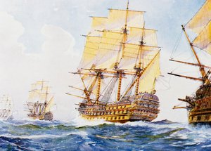 Navires du 18e siècle en file indienne, tribord amures, aquarelle d