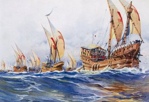 Navires français du roi Louis IX pendant la huitième croisade en 1268, aquarelle d