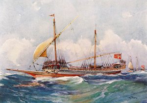 Galère de Malte avec vent dans ses voiles (17e siècle), aquarelle par Albert Sebille (1874-1953)