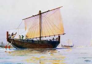 Navire marchand phénicien arrivant à Pharos, aquarelle par Albert Sebille (1874-1953), 20e siècle - Albert Sébille