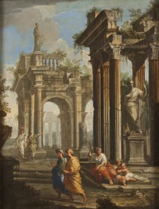 Pèlerins près de bâtiments classiques, vers 1710