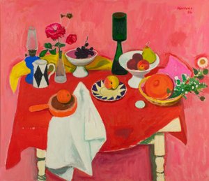 Nature morte sur tissu rouge