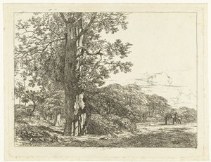 Paysage avec grand hêtre et cavalier parlant avec un homme - Albertus Brondgeest
