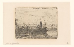 Paysage de polder avec deux hommes sur un bateau - Albertus Brondgeest