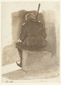 Homme assis avec un bâton, vu de dos - Albertus Brondgeest