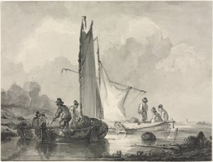 Paysage fluvial avec pêcheur et trois bateaux - Albertus van Beest