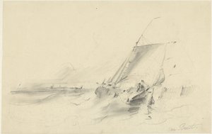 Vue de mer avec bateau dans une eau agitée - Albertus van Beest