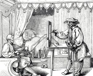 Gravure sur bois représentant un artiste utilisant une aide au dessin pour obtenir les proportions correctes d