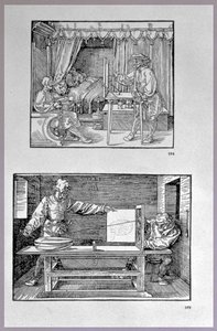 Appareil pour traduire des objets tridimensionnels en dessins bidimensionnels, deux scènes du premier livre technique de l