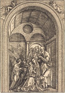 La Sainte Famille avec deux anges dans une salle voûtée - Albrecht Dürer