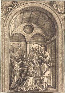 La Sainte Famille avec deux anges dans une salle voûtée - Albrecht Dürer