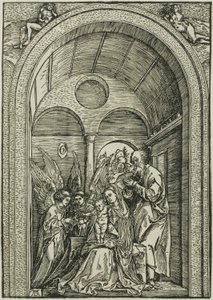 La Sainte Famille avec deux anges dans une salle voûtée - Albrecht Dürer