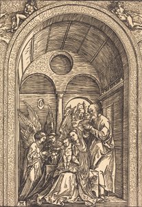 La Sainte Famille avec deux anges dans une salle voûtée - Albrecht Dürer