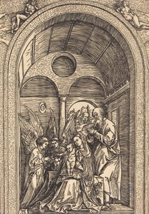 La Sainte Famille avec deux anges dans une salle voûtée, vers 1504 - Albrecht Dürer