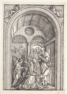 La Sainte Famille avec deux anges dans une salle voûtée - Albrecht Dürer