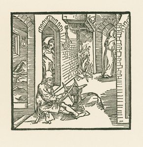 Un cordelier voit un moine quitter la chambre de sa femme infidèle. - Albrecht Dürer or Duerer