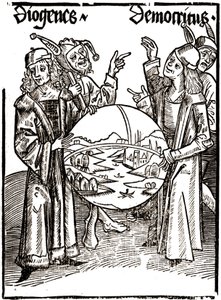 Diogène (-413 - -327) et Démocrite (-460 - -370) - dans « Das Narrenschiff (Le bateau des fous) » de Sébastien Brandt (1458 - 1521). Gravure. - Albrecht Dürer