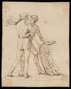 Femme nue et homme avec un bouclier arborant les armoiries de Willibald Pirckheimer
