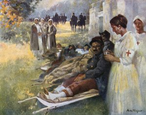 Premiers secours : Soldat blessé et son infirmière à un poste de secours pendant la Première Guerre mondiale en France