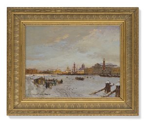 Vue sur la Neva gelée, les colonnes rostrales, la cathédrale Saint-Isaac et l