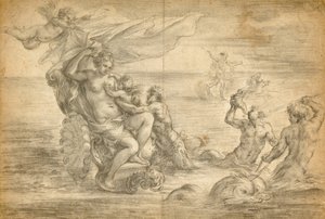 Vénus assise dans son char de mer et tétant Cupidon - Alessandro Algardi