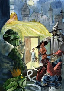 Un enfant regardant les personnages des contes de fées comme le Chat botté, une princesse et un crapaud, les Sept Nains - Alessandro Lonati