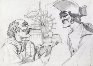 Pirate des Caraïbes dans une auberge avec une bouteille. Dessin par Alessandro Lonati - Alessandro Lonati