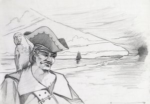 Pirate des Caraïbes avec un perroquet cherchant un trésor dans une grotte sur une plage, avec un galion.
