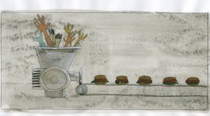 Société de consommation : production de malbouffe, hamburger fait avec des restes humains et animaux - Alessandro Lonati