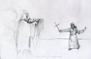 Combat entre un moine tenant un crucifix et un fantôme