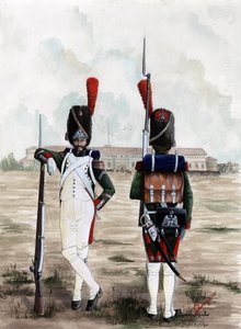 Premier Empire (1804-1814 et 1815) : soldats grenadiers de la Garde Royale de la Grande Armée Napoléonienne sur la place du Château Sforzesco à Milan, Italie