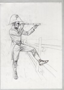 Premier Empire (1804-1814 et 1815) : soldat supérieur de la grande armée napoléonienne française en observation avec une longue vue. Dessin inachevé par Alessandro Lonati. - Alessandro Lonati