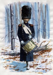 Premier Empire (1804-1814 et 1815) : soldat de la grande armée napoléonienne, tambour des grenadiers de la Garde Impériale française en manteau