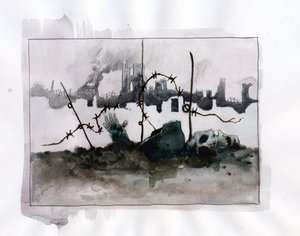 Première Guerre mondiale : Allégorie de la guerre avec casque de crâne sur fond de ruines - Alessandro Lonati
