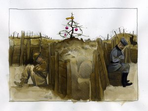 Première Guerre mondiale : la solitude de deux soldats ennemis, britannique (à gauche) et allemand dans la tranchée, à Noël 1914-1918. - Alessandro Lonati