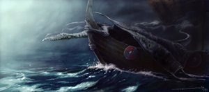 Créature légendaire : dragon attaquant un drakkar (bateau viking). - Alessandro Lonati