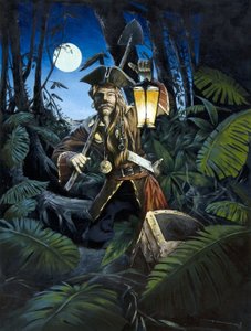 Pirate des Caraïbes avec une lanterne, la nuit, cachant son trésor dans la forêt d