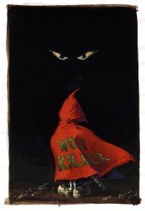 Le Petit Chaperon Rouge revisité par Charles Perrault (1628-1703) : le Chaperon Rouge fait face aux yeux du loup dans le noir avec un fusil caché sous son manteau rouge « Tueur de loup ». Dessin par Alessandro Lonati