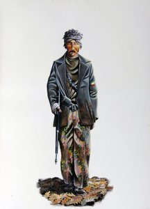 Seconde Guerre mondiale : un membre de la Résistance italienne (maquis ou guérilleros, partisan), portant un costume de camouflage et armé d