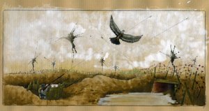 Première Guerre mondiale : un pigeon voyageur portant un message ciblé par un soldat allemand dans une tranchée cherchant à récupérer un message 1914-1918 - Alessandro Lonati