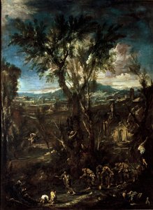 Paysage fantastique avec des moines