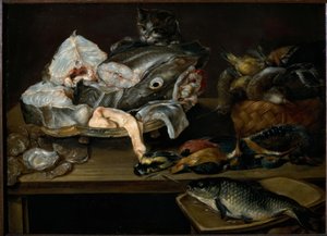 Nature morte avec poissons, fruits de mer, volaille et chat