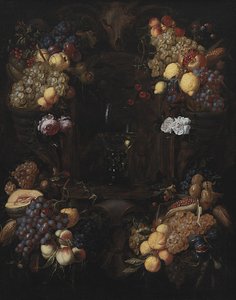 Cartouche avec guirlandes de fruits et un verre de vin